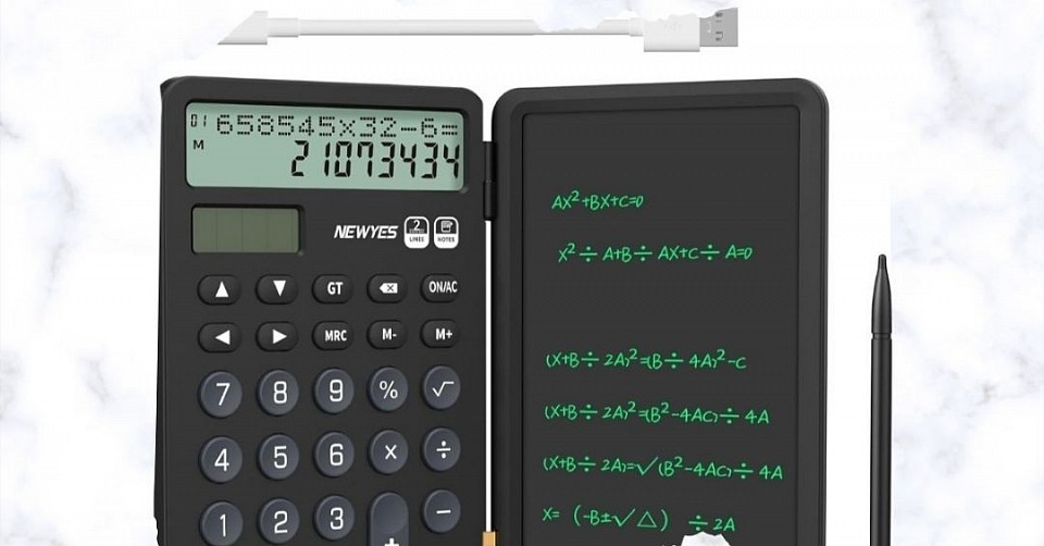 NEWYES Portable Calculator with Notepad, 2-Line 12-Digits Large Display, Rechargeable Solar Power Desk Calculator for Office School Students (Black)