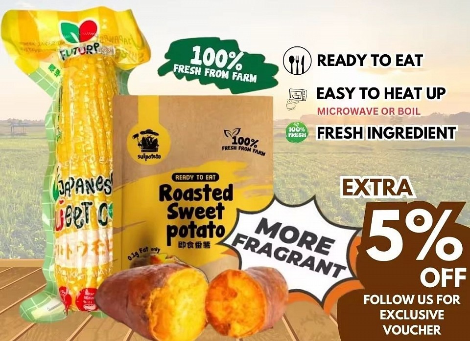 Ready to eat roasted sweet potato and sweet corn